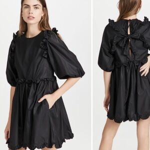 En Saison Womens Black Poplin puff long sleeve scalloped mini dress S